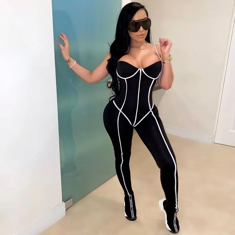 NCLAGEN Neon Striped Patchwork Bust Shape Push Up Jumpsuit Women Backless Bodycon Butt Fitness Pants Long Playsuits Rompers |