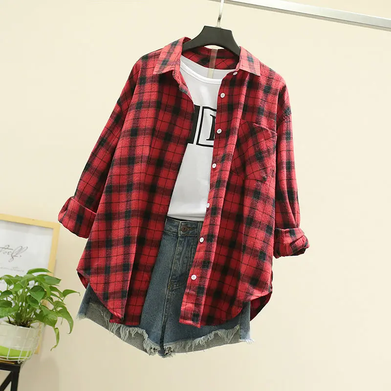 

95% cotton 2021 spring new women's Plaid long sleeve shirt coat college style coat loose and thin Korean version