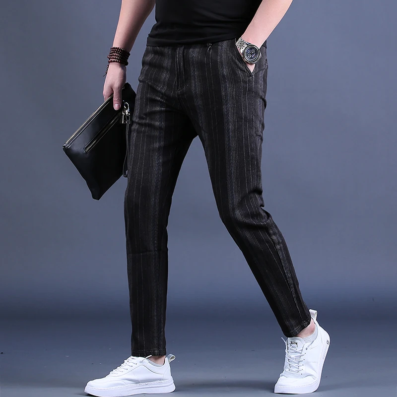 Summer Thin Fashion Striped Jeans Men Black Loose Pencil Pants Korean Style Casual Denim Trousers