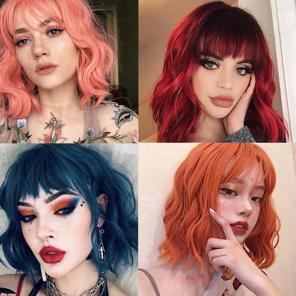 Sintéticas para as Mulheres Onda de Água Peruca com Franja Lupu Perucas Curto Natural Preto Loiro Rosa Lolita Cosplay Festa Cabelo Peruca Bob 1 Apliques e perucas