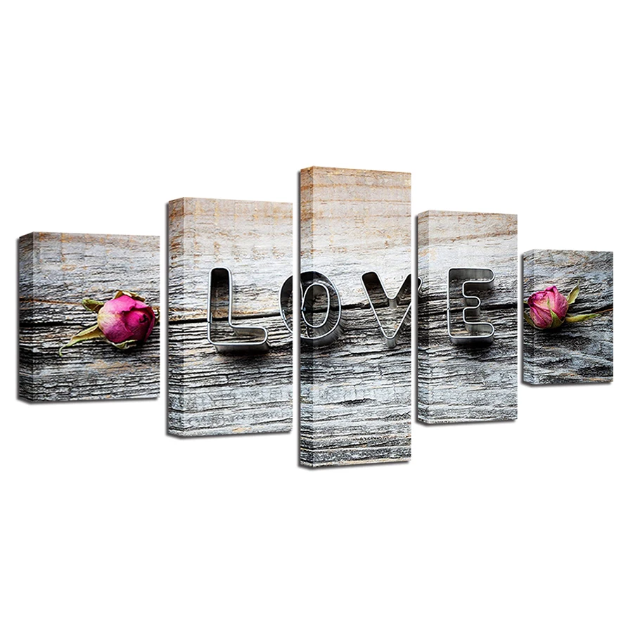 

HD Prints Framework Modular Canvas Letters Paintings 5 Pieces Pink Rose Flower And Love Pictures Decoration Room Wall Modern Art