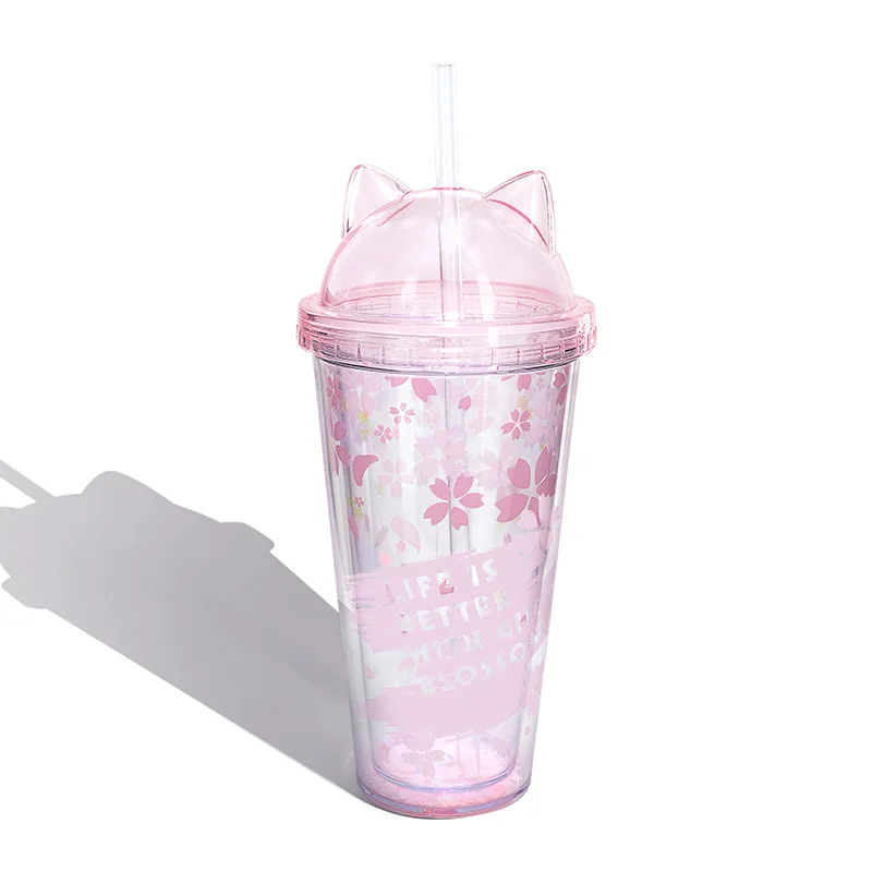 

1pc Kawaii Cartoon Lovely Cat Ears Plastic Cup Straw Cup Gift Cup Creative Water Cup Girl Student Drinkware Water Bottles