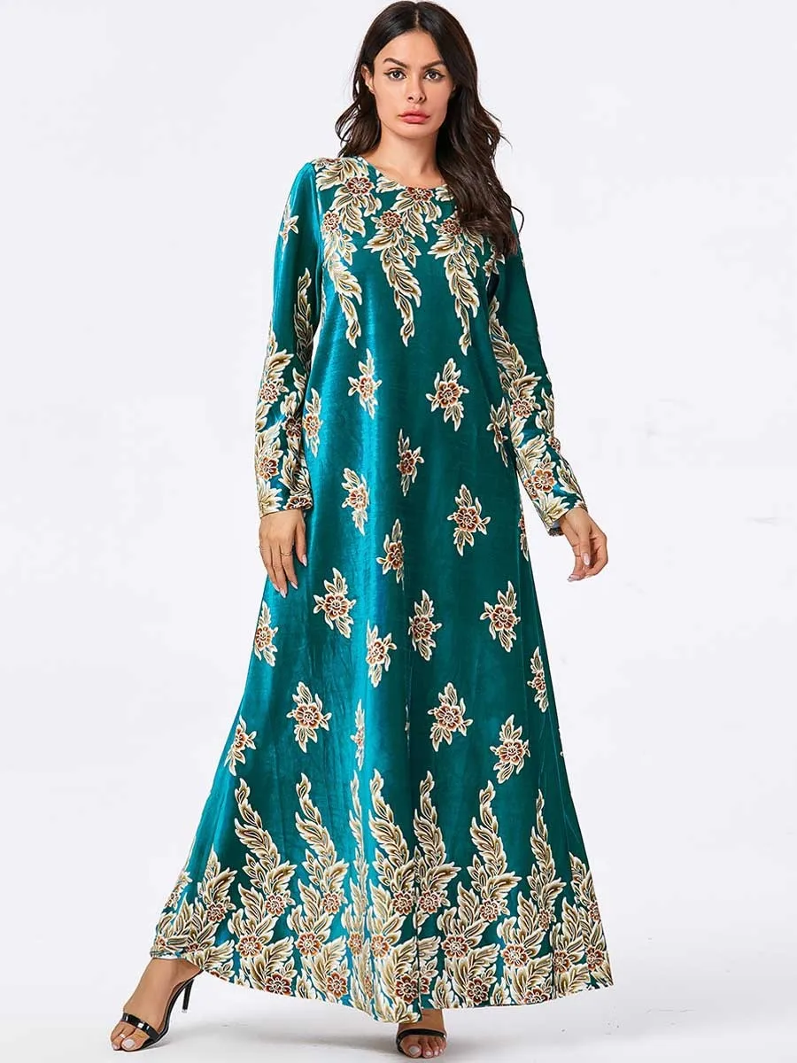 

Elegant Print Velvet Abaya Maxi Dress Ethnic Hijab Muslim Cardigan Kimono Long Robe Gowns Middle East Eid Ramadan Islamic Prayer