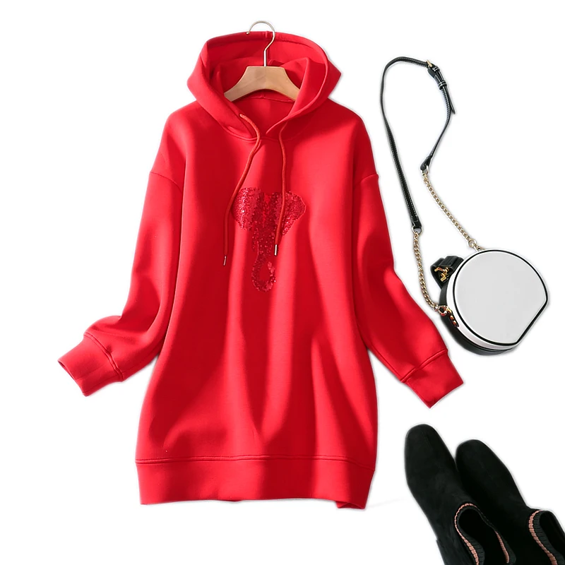 Худи большого размера Осень Зима 2020 красный с капюшоном блестками воздушный