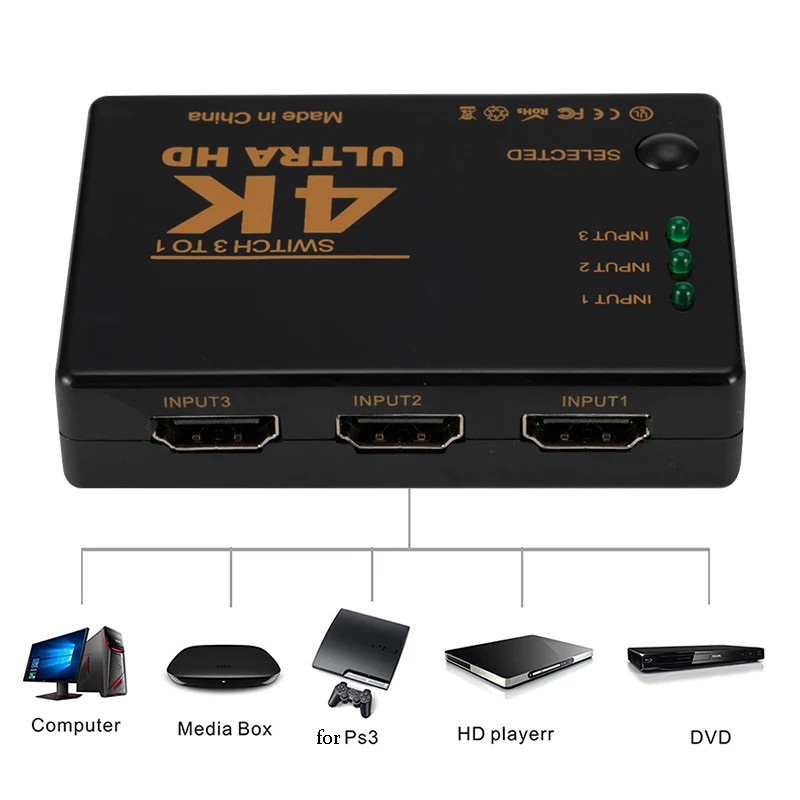 3 Порты и разъёмы совместимому с HDMI сплиттер в 1 из концентратор коробка + пульт