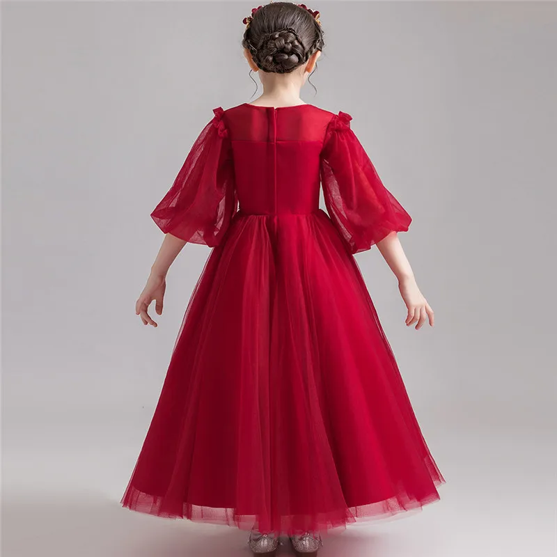 

2019Elegant New Children Girls Fashion Wine-red Color Birthday Wedding Party Princess Fluffy Long Dress Baby Kids Host Dresses