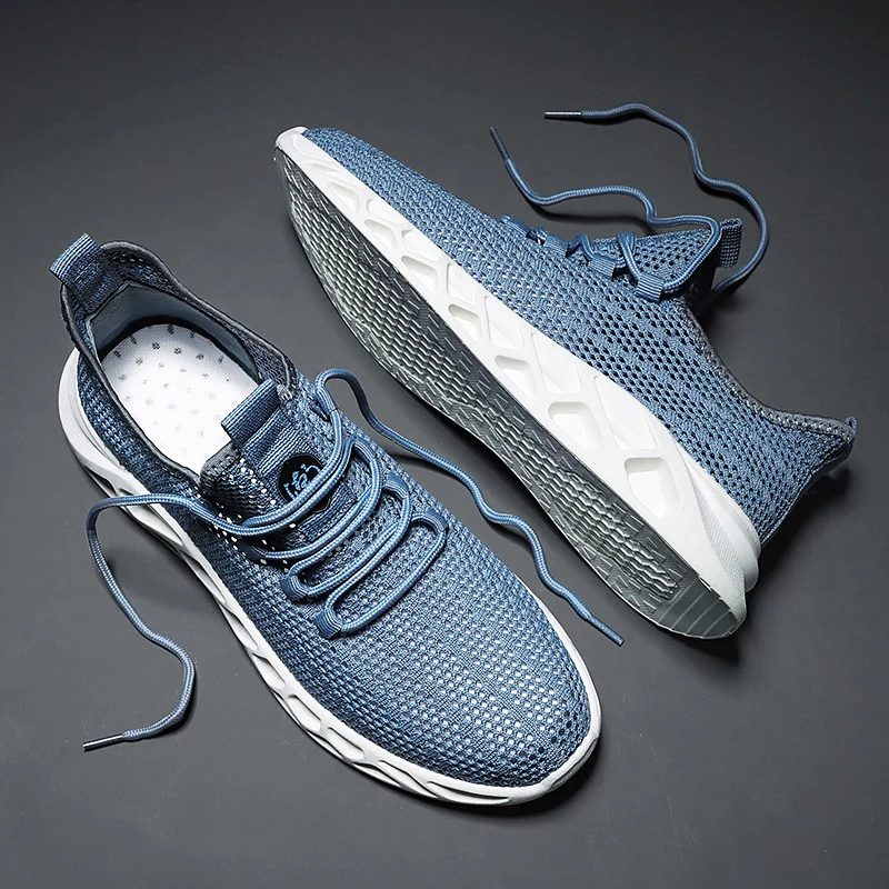 

Кроссовки мужские сетчатые, дышащие, на шнуровке, Вулканизированная подошва, синие спортивные, для прогулок и бега, на лето, 2021