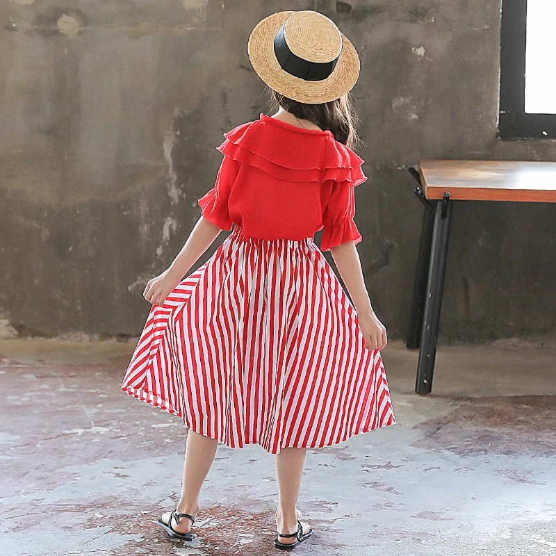 Детская юбка топ с вырезом под горло оборками на рукавах красная Полосатая для
