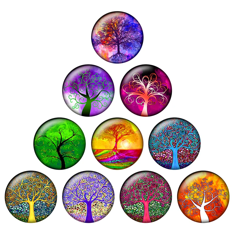 

24pcs/lot Tree Life 10/12/14/16/18/20/25mm Glass Cabochons Round Dome Flat Back for Earring Bracelet Ring Base DIY Jewelry H142