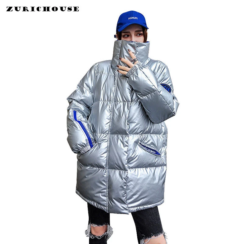 Женская куртка пуховик ZURICHOUSE блестящее серебряное пальто с высоким воротником