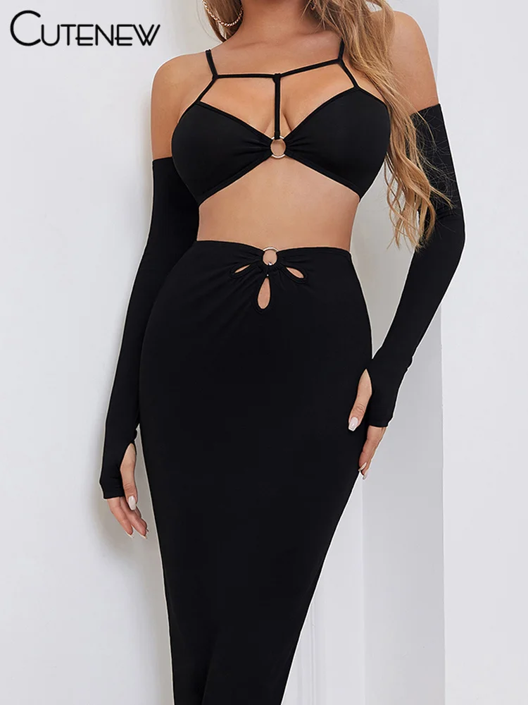 

Комплект из двух предметов Cutenew Женский, однотонный черный короткий топ с длинным рукавом и облегающая юбка-макси с завышенной талией, Повсе...