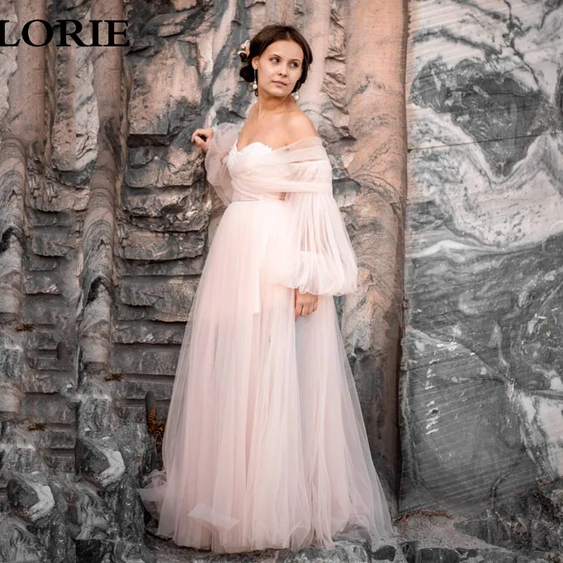 

LORIE Light Pink Princess Wedding Dress Sweetheart Appliqued Puff Sleeves Bride Dress A-Line Tulle Backless Boho Wedding Gown