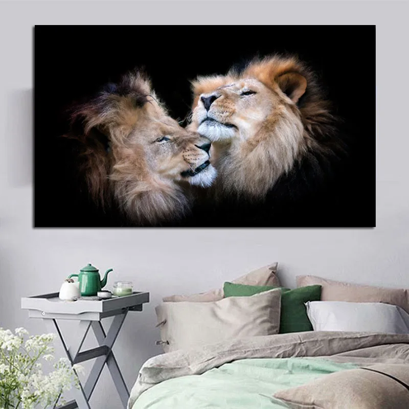 Постеры с животными и принтами современные черно-белые художественные парные целующиеся головы льва настенные картины для гостиной Куадрос домашний декор