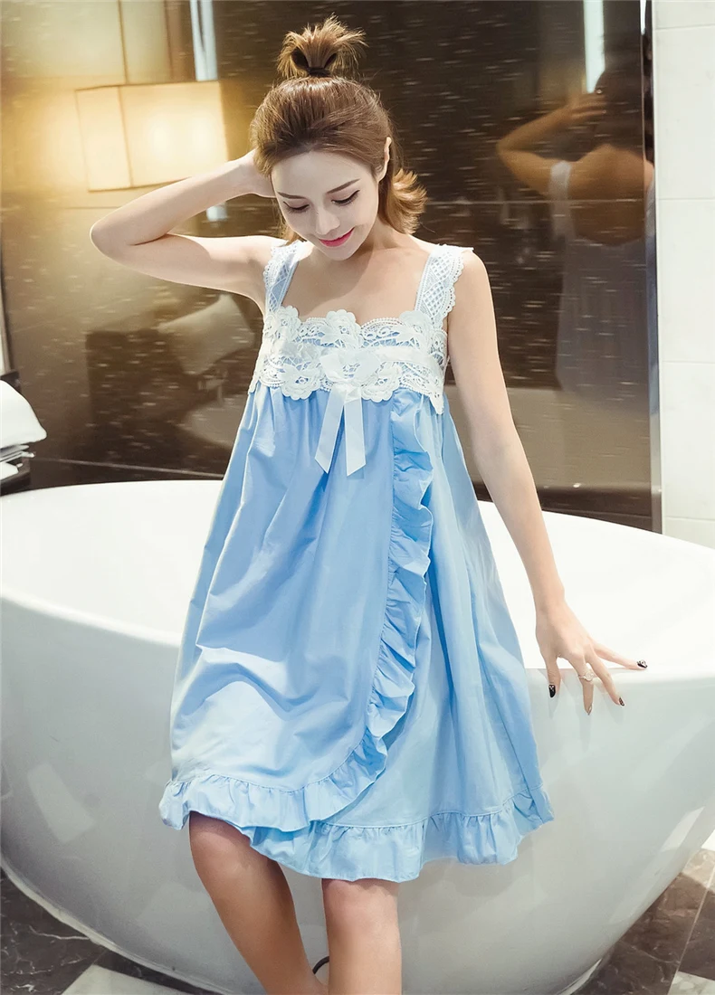 2022 Princess Cotton lace Nightgown Female Lovely Home Sleepwear Sky Blue/Write Sexy Sleeveless Sleepshirt Nightdress AB105 | Женская