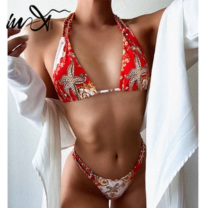 В-X Ретро Принт звезды Купальник женские пикантные металлические бикини 2020 mujer пуш-ап, купальник для женщин, повязка через шею, бикини, набор 2 шт. банный костюм