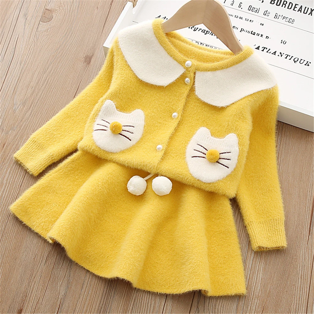 Новинка детский трикотажный свитер и юбка милая кошачья осенняя одежда для