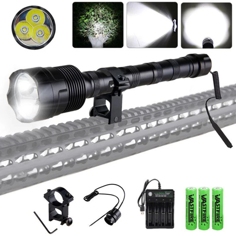 

6000 Lm Hunting Torch 3*XM-L T6 Light LED Tactical Flashlight +Remote Pressure Switch+3*18650 Battery+Scope Mount+Charger