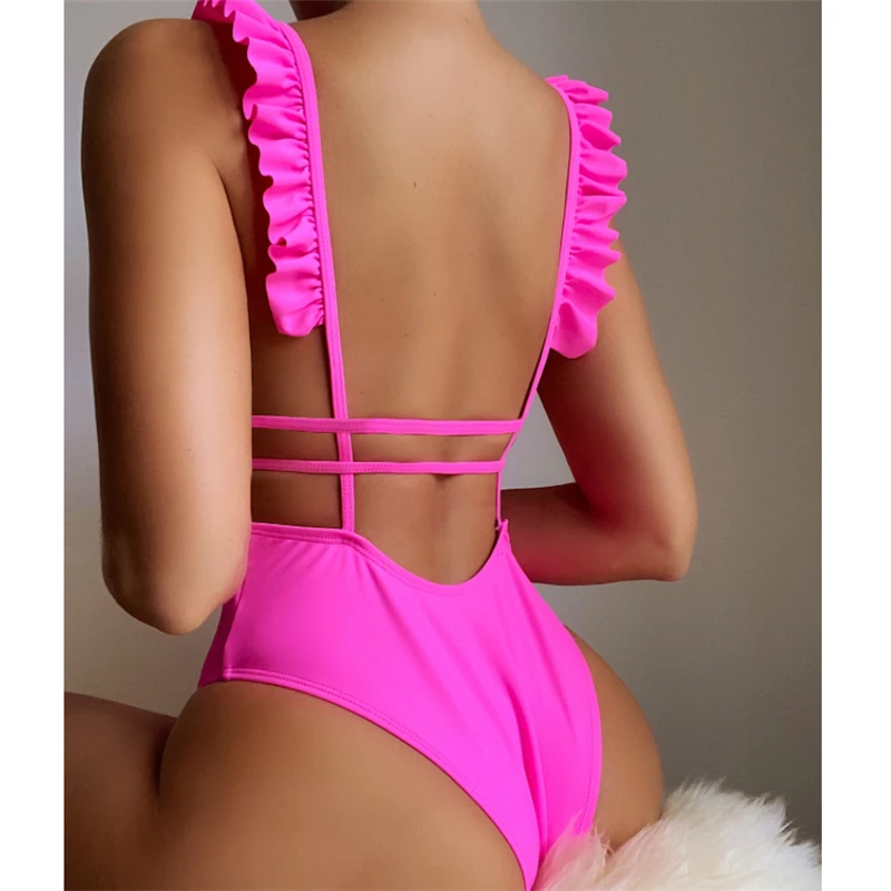 

Sexy V Neck Solid Swimsuit Women One-Piece Ruffle Women's Swimming Suit Biquini Set New 2021 High Waist Backless Solid Swimwear