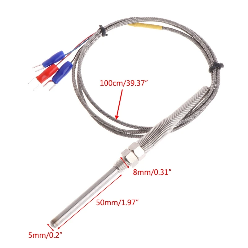 

1M PT100 Thermocouple Probe 5mm x 50mm 3-Wire M8 Thread 3.3Ft Temperature Sensor