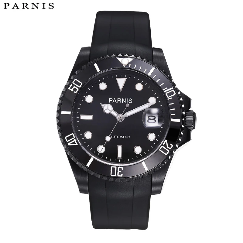 

Parnis 40 мм Автоматические Часы 10ATM Siwm Diver водонепроницаемые механические часы мужские с черным резиновым ремешком керамический ободок xfcs