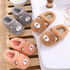 2021 Winter Women Home Indoor Slippers Warm Lining Cozy Cartoon Bear Slippers Short Plush Floor Shoes Couple Mute Hairy Slides