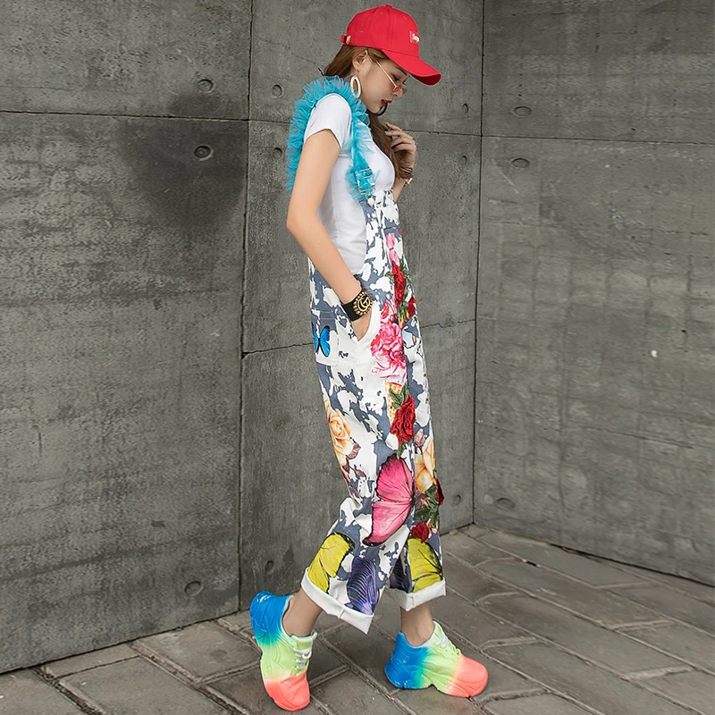 European station fashion embroidery flower print overalls female fried street personality loose overalls overalls trousers