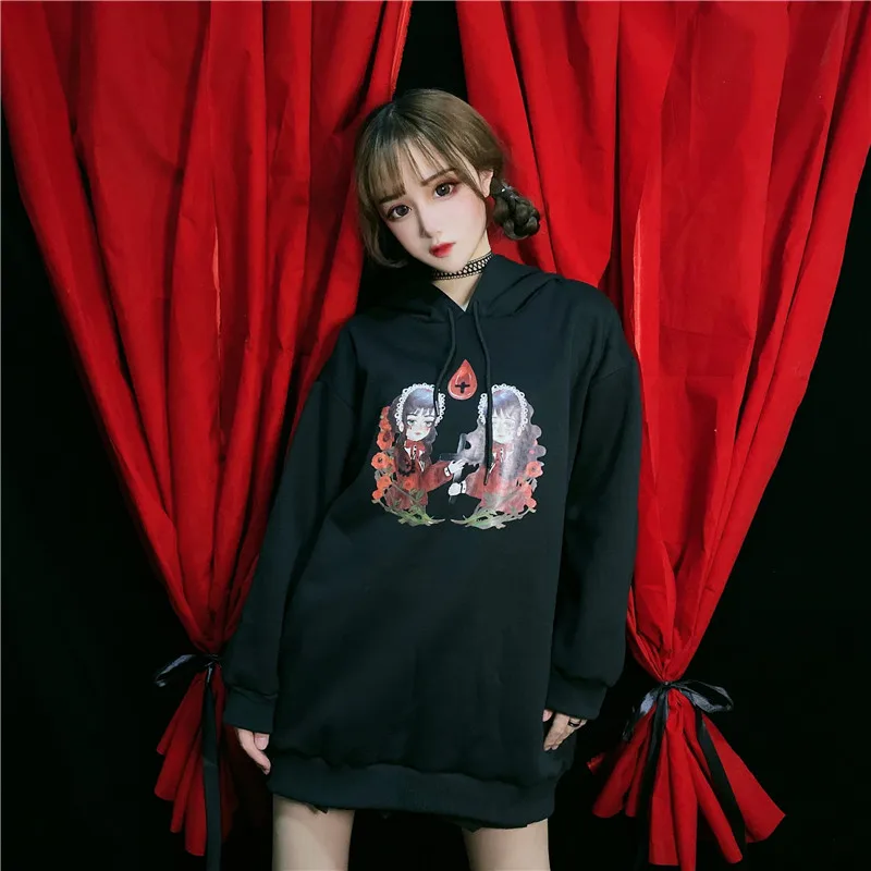 Милая Женская Толстовка Harajuku Готический мультяшный принт плюс бархат с капюшоном модная повседневная панк уличная темная Толстовка Осень
