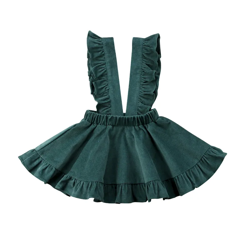 New Kid Girl Corduroy Green Strap Skirts Ruffles Suspender Sleeveless Solid Skirt Sundress Summer Fall Clothes | Мать и ребенок
