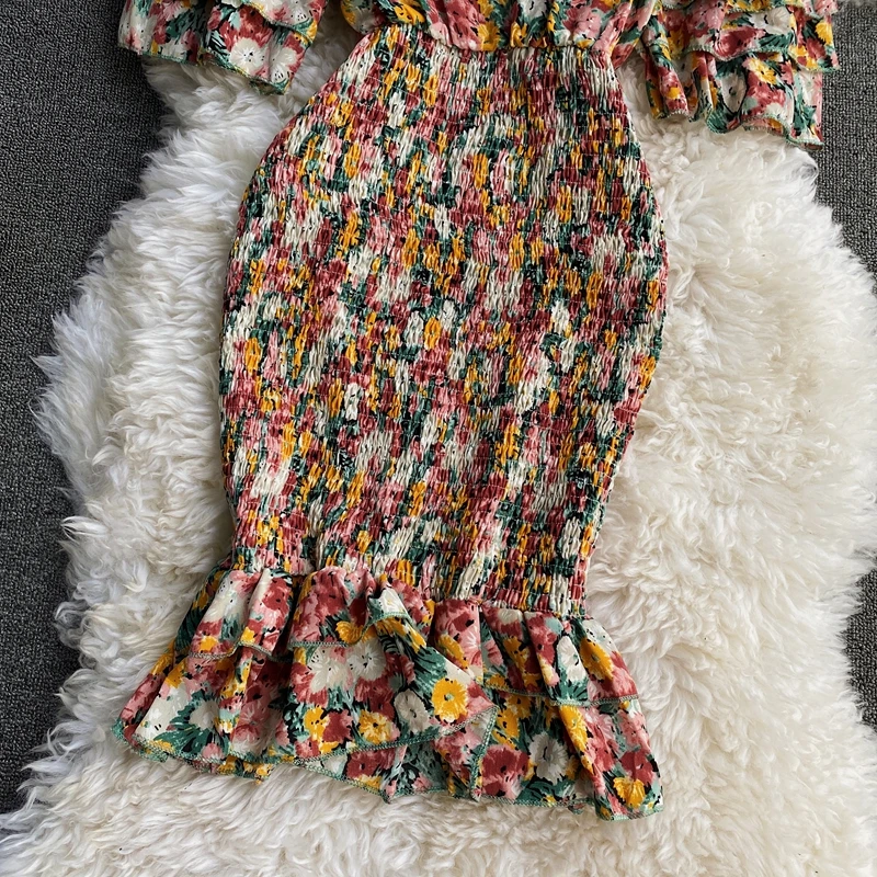 

Ins Fashion Sexy Package Hips Bodycon Dress Women 2021 Summer High Waist Ruffled Party Floral Print Chiffon Dress Dropshipping