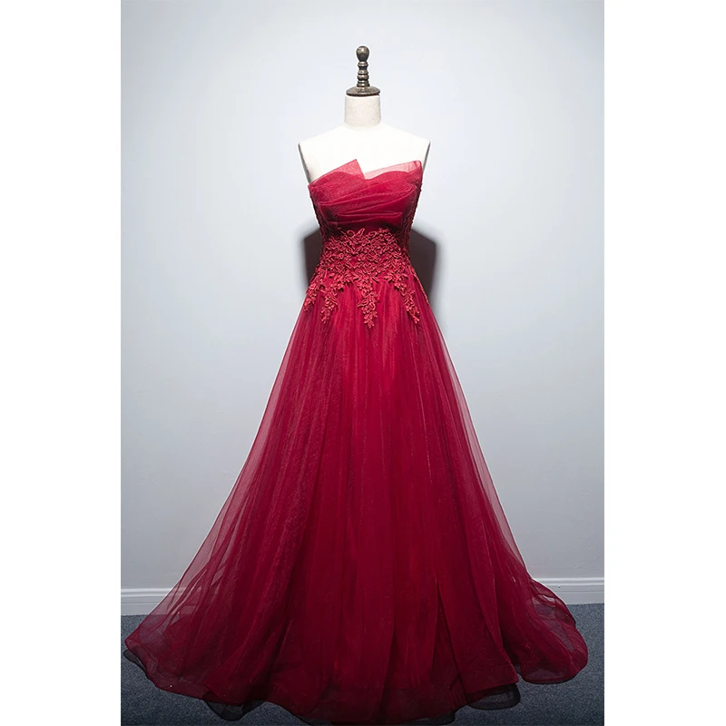 

Burgundy Strapless Evening Dress Empire Embroidery Sleeveless A-Line Floor-Length Tulle Luxurious Party Formal Gown Woman B546