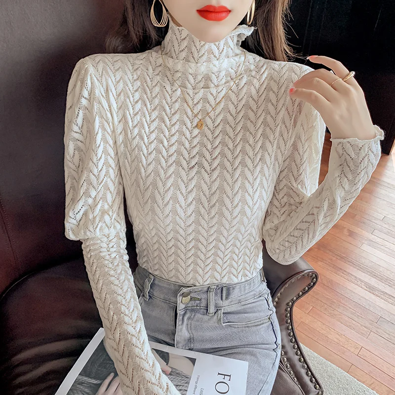

Chikichi 2021 Spring and Autumn New Style Korean Fashion High Collar Solid Color Lace Long-sleeved Bottoming Blouse Women