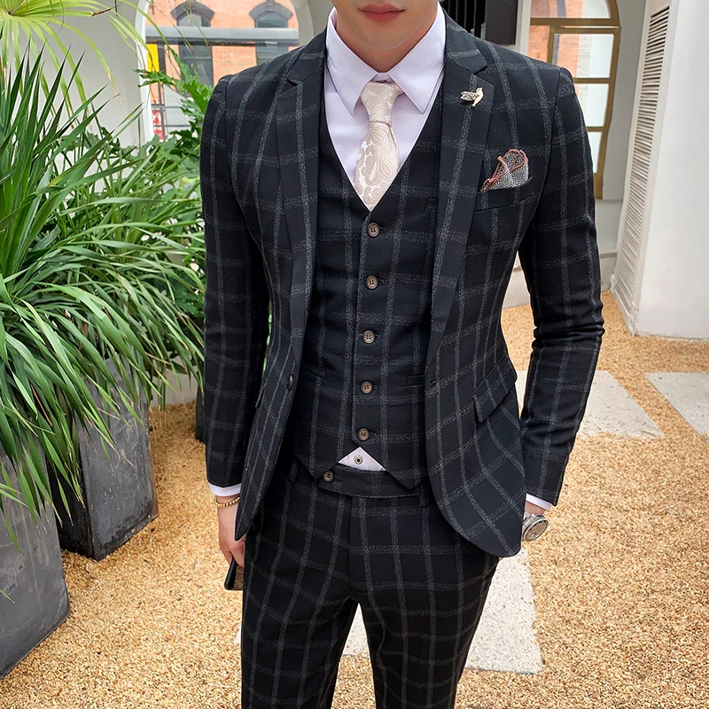Элегантный Черный, серый цвет Клетчатый костюм «Человек Осень Slim Fit Мужские свадебные костюмы костюм 3 предмета Homme костюмы для торжественных случаев для Для мужчин Q176