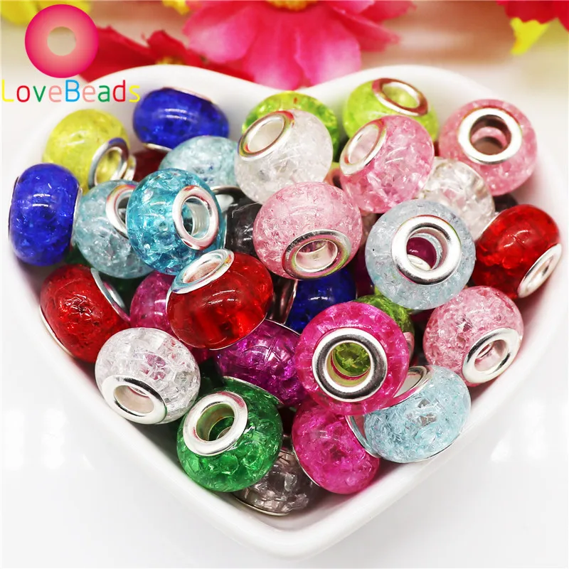 

10 Pcs Mixed Color Fashion Flower Big Hole European Beads with Silver Plated Core Fit Pandora Charms Bracelet DIY Women Jewelry