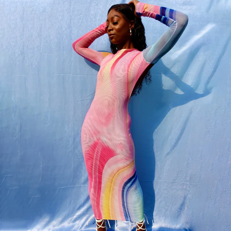 

Женское осеннее пикантное темпераментное длинное платье для девушек в повседневном стиле разноцветное облегающее платье с открытой спино...