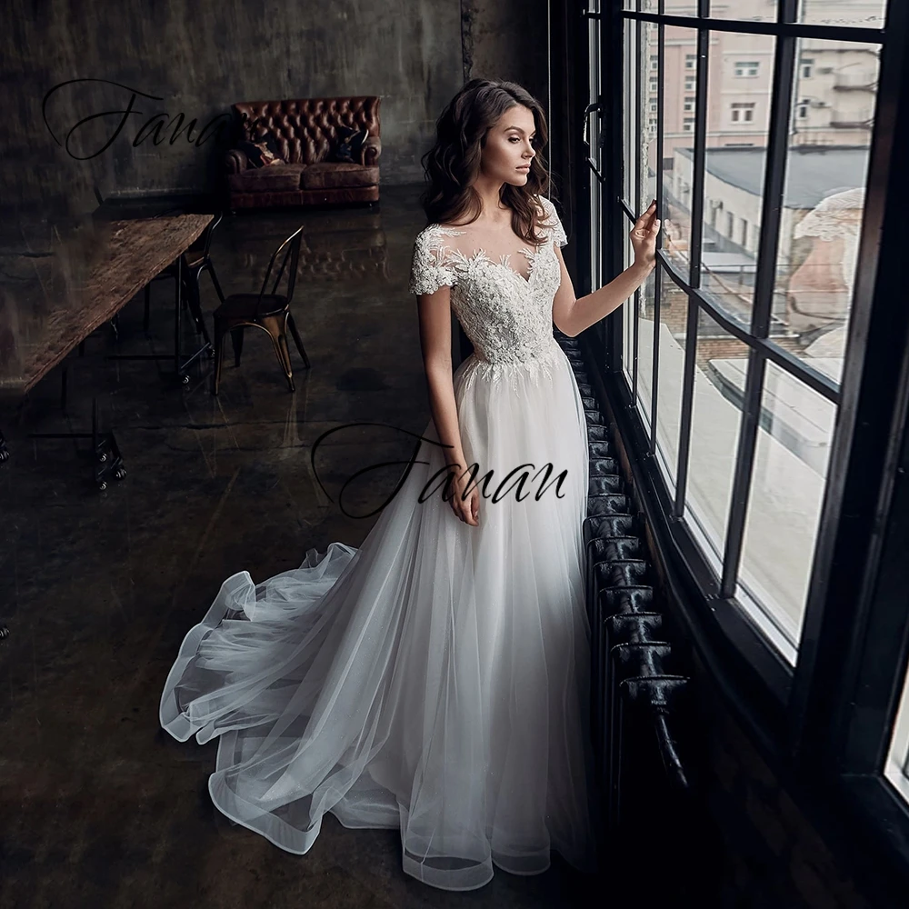 

O-Neck Short Sleeve Lace Appliques Wedding Dresses A-Line Tulle Ruched Beading Bridal Gown vestido de noiva Свадебное платье