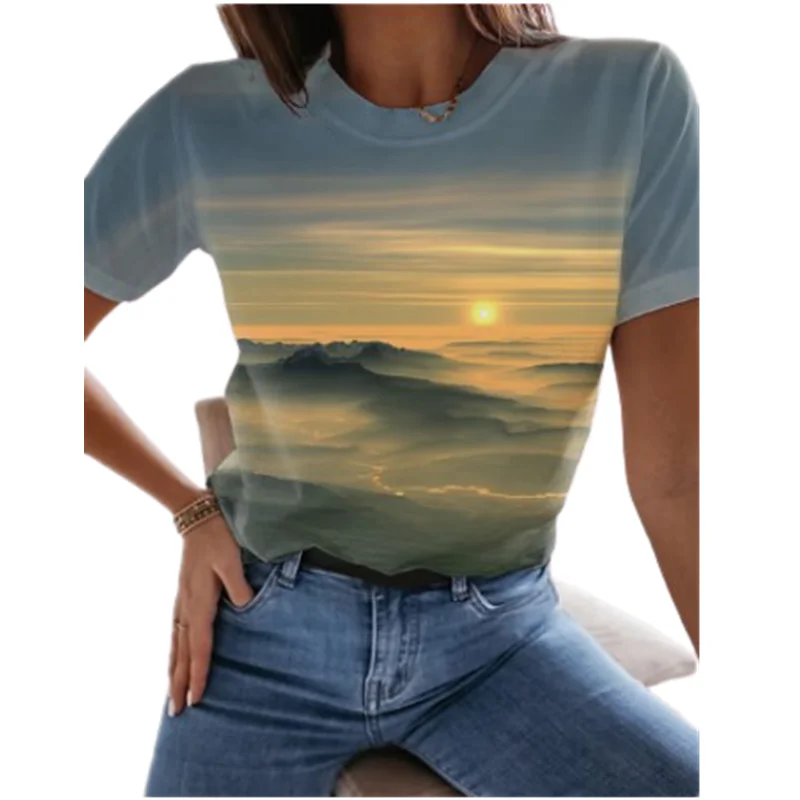 

2022 New Summer Top 6XL Women's 3D Ocean Scenery Street Casual Short Long Sleeve O Round Neck Top T-Shirt