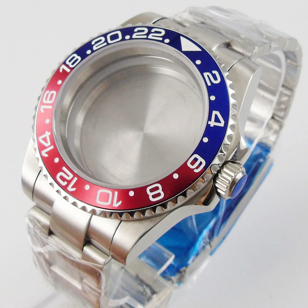 For NH35 NH36 40mm Watch Case  Bracelet Plain Sapphire Glass Brushed Blue Red Insert Open Screw Back Folding Buckle