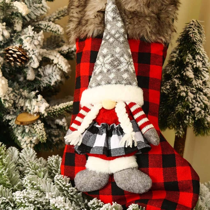 

Christmas Stockings Plaid 19" 3D Plush Swedish Gnome Xmas Stockings Decoration
