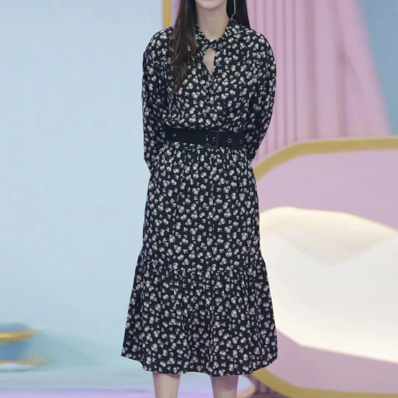 

Bohemia Print Single-Breasted Long-Sleeved Retro Style Elegant Temperament Belt Mid-Length Dress Spring-Summer 2020 New