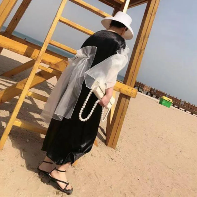 

[EAM] Women Black Big Size Asymmetrical Patchwork Gauze Dress New Round Neck Short Sleeve Loose Fashion Tide Summer 2021 1DD7472