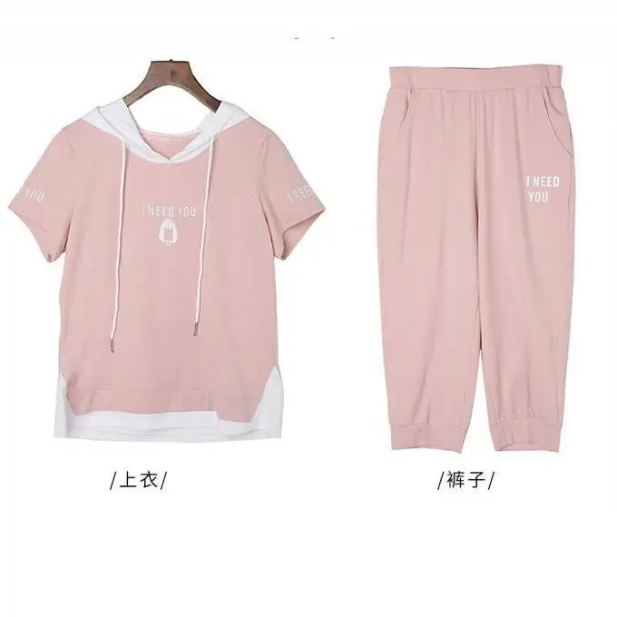 

Women 's Capri Pants Girls' Sports Suit Summer Korean Style Leisure Suit Short-Sleeved Two - Piece Set for Women