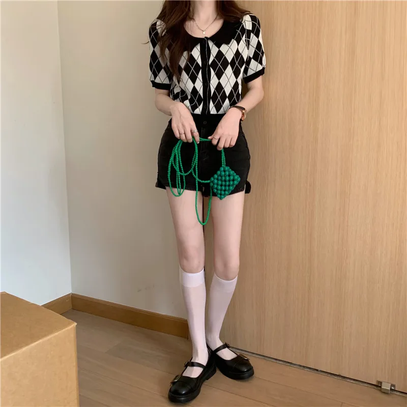 

Harajpoo Women Cardigans Korean Style Ins Summer Autumn Hot Girl Retro Check Lapel Knit Cropped Sweater Half Sleeve Short Tops