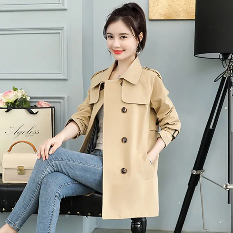 Женский двубортный Тренч свободное однотонное пальто средней длины в Корейском