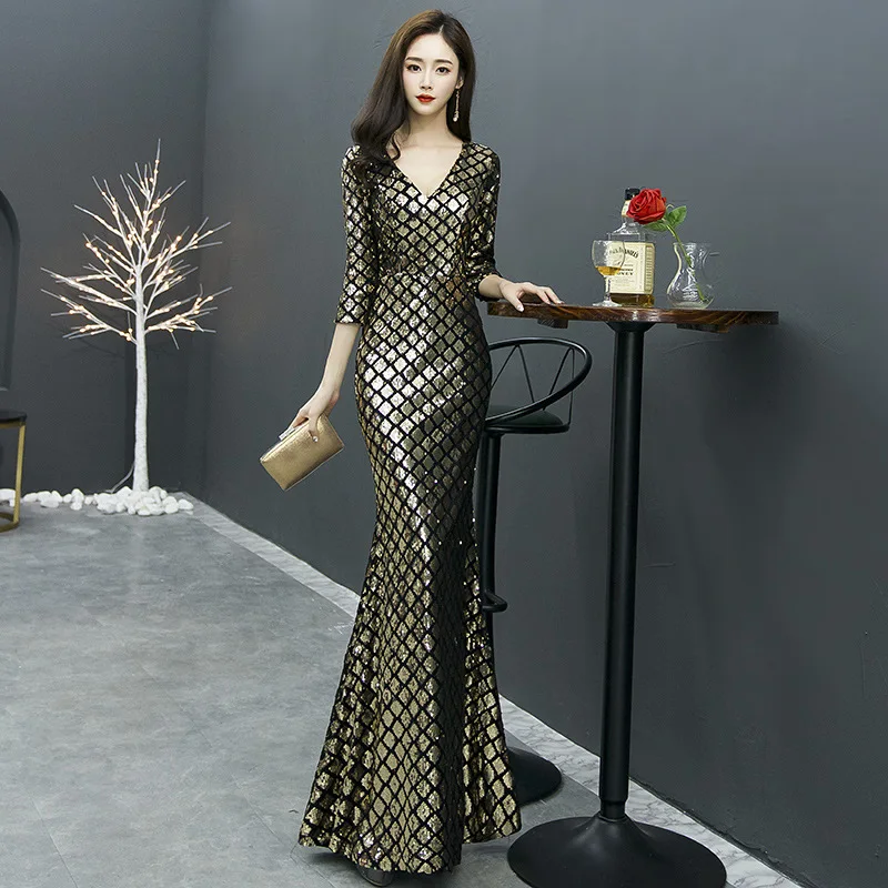 

Вечернее платье с блестками и V-образным вырезом, вечернее платье-Русалка для выпускного вечера, вечернее платье, вечернее платье-Ципао