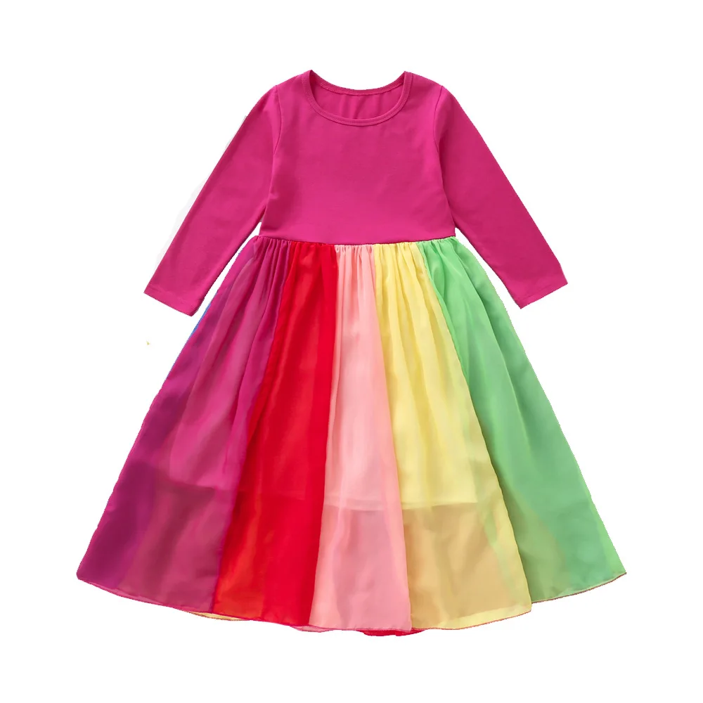 

2021 Ins Autumn Long-sleeved Girls Chiffon Dress Rainbow Colorful Color Stitching Dresses Children's Princess Lace Party Dresses