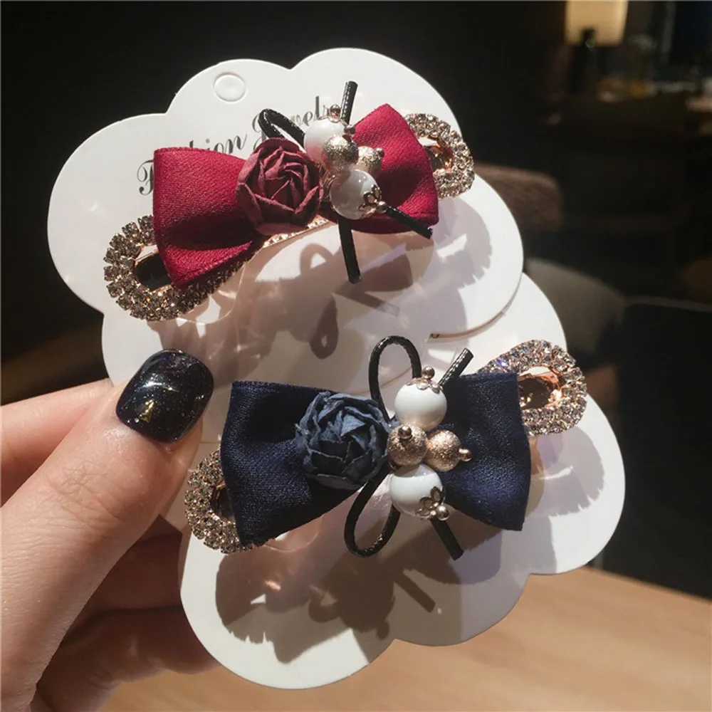 

1pc New Women Pearl Ribbon Silk Cute Bow Flower Hair Spring Clip Crystal Hair Bobby Pins Snap Hair Clips Rhinestone Barrettes