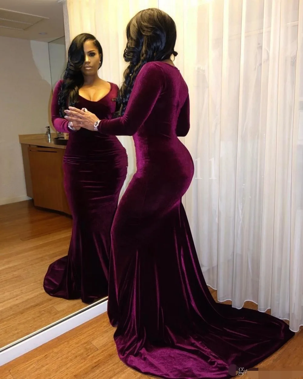 

Elegant Purple Velvet Mermaid Arabic Evening Dresses Crew Long Sleeves Sexy Evening dress 2019 Sexy Luxurious Prom Dresses