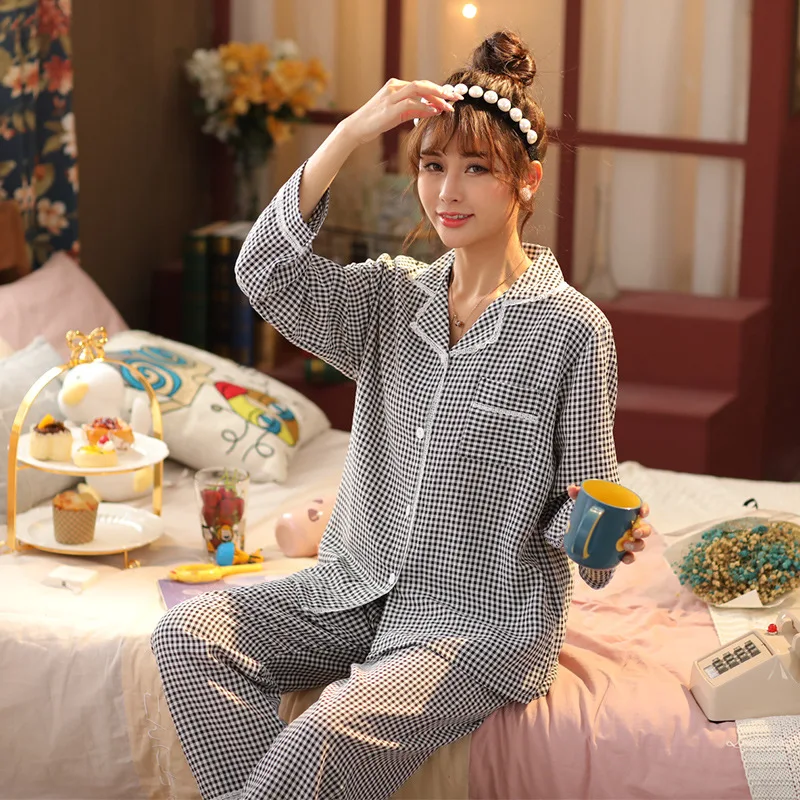

Women 2PCS Sweet Lace Trim Pajamas Suit Plaid Print Turn-down Collar Shirt&Pant Sleepwear Loose Autumn New Cotton Nightwear