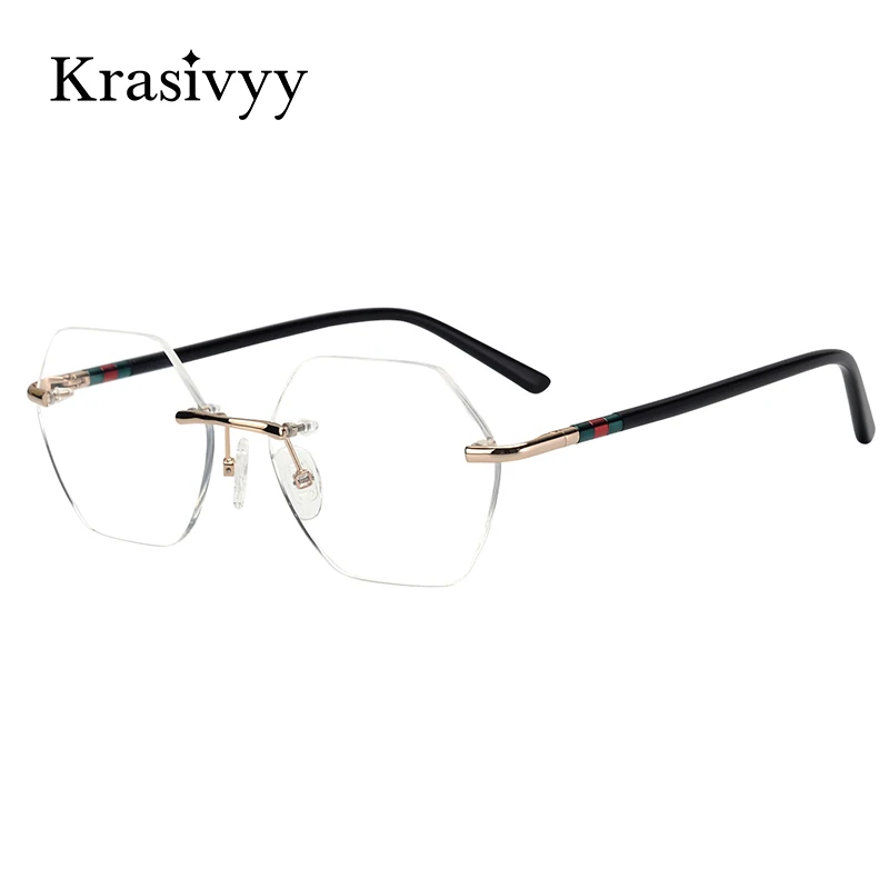 

Krasivyy Pure Titanium Rimless Glasses Frame Men Spring Hinge Optical Prescription Eyeglasses Women Hexagonal Lens Eyewear