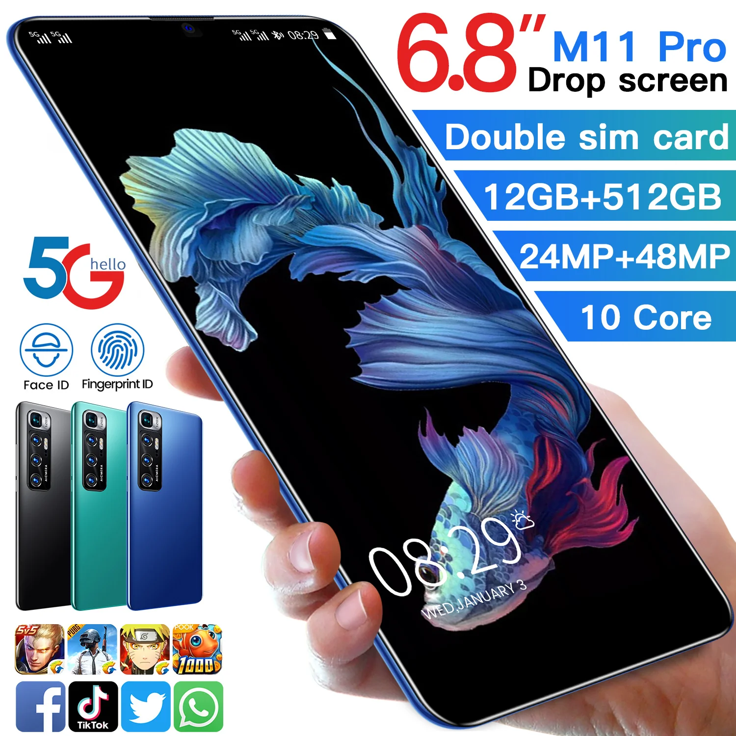 

Global Version M11Pro Pro 6.8 Inch 12GB RAM 512GB ROM 24+48MP 5000mAh Andriod10 Smartphones 10 Core MTK6899 Dual SIM 4G LTE 5G